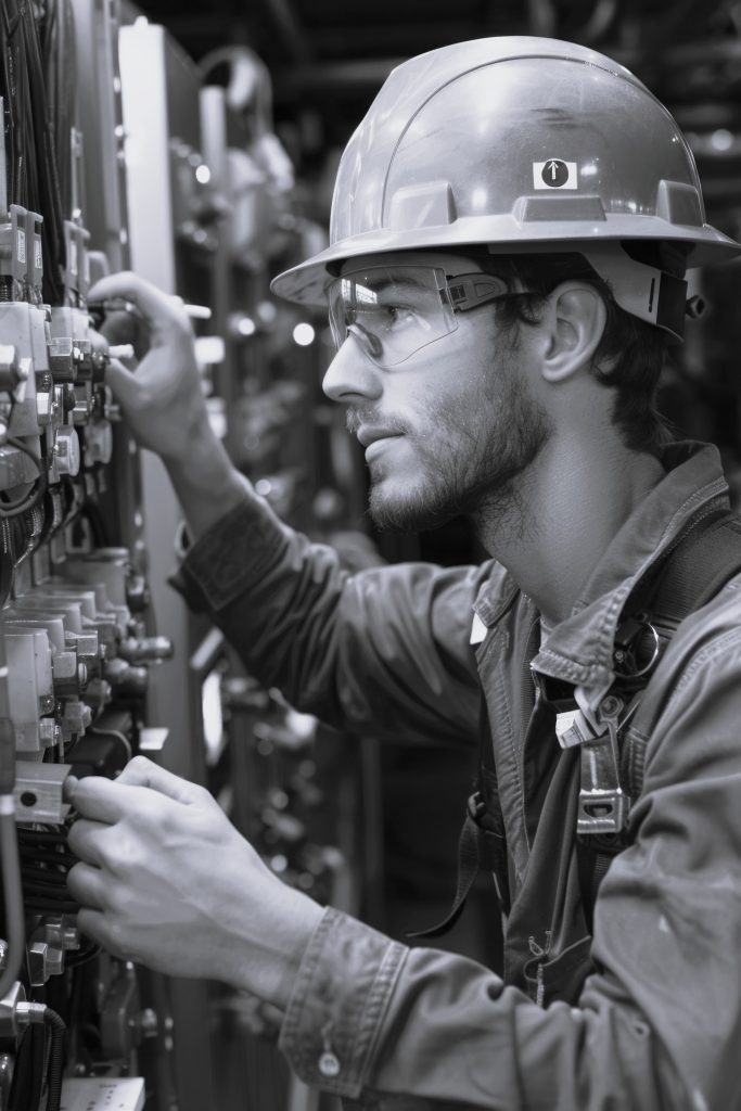 Mann Elektriker arbeitet bei Anlagen Reparatur